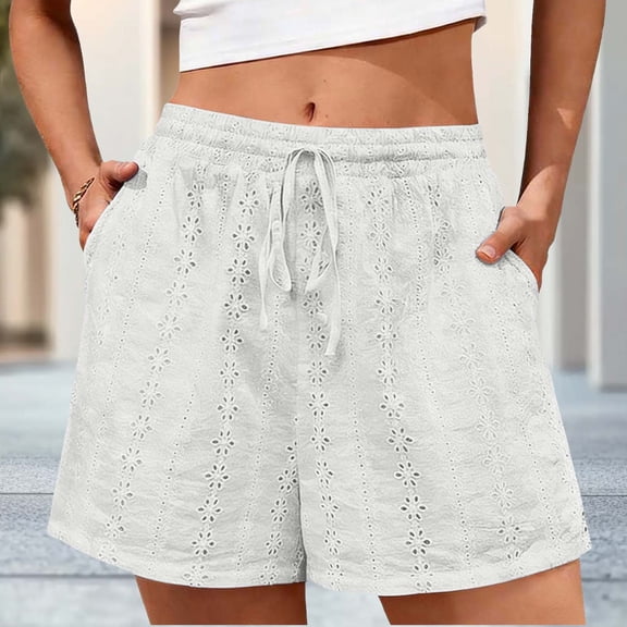 Summer Shorts Women's Lace Eyelet Casual Drawstring Shorts with Pockets Elastic Waist Boho Beach Vacation Short Pants White S