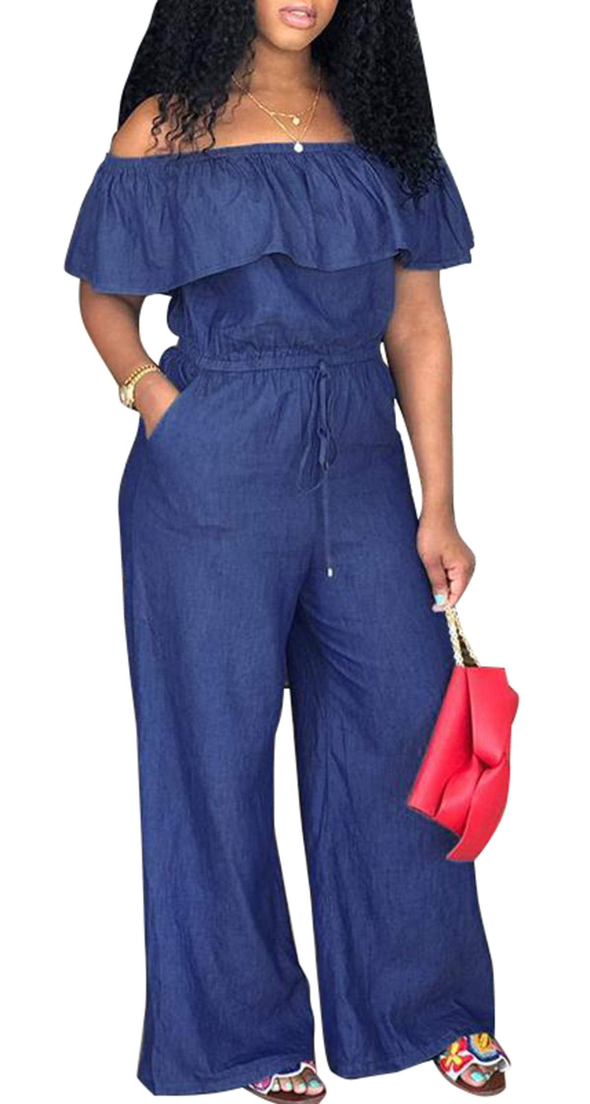 maydaiyar Casual Rompers Womens Jumpsuit Plus Size Denim Overalls Print Flower Holes
