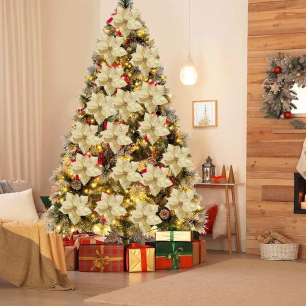 Simulación de flores navideñas de terciopelo rojo de 20 cm con polvo dorado, adornos para árbol de Navidad, accesorios decorativos de ratán navideño, flores de plástico de 10 piezas.