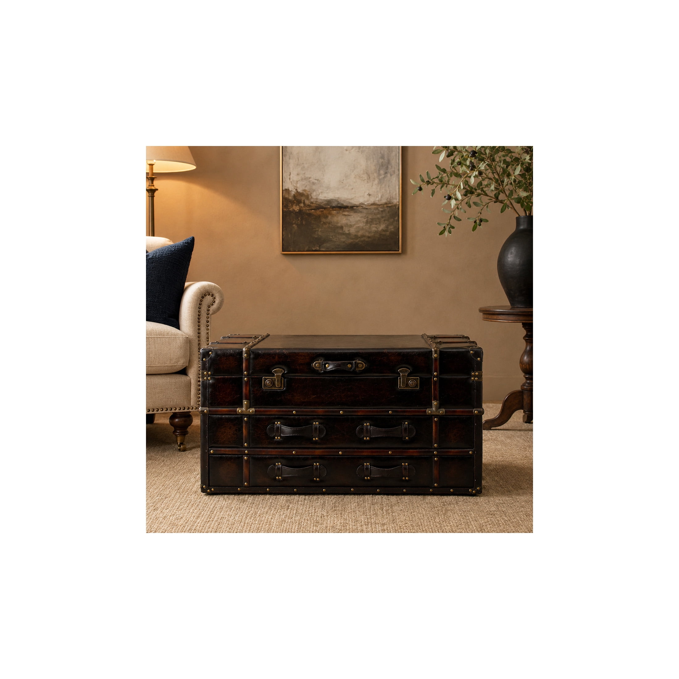 DecMode Vintage Wood Trunk Inspired Brown Coffee Table with Storage, 40"W x 21"H