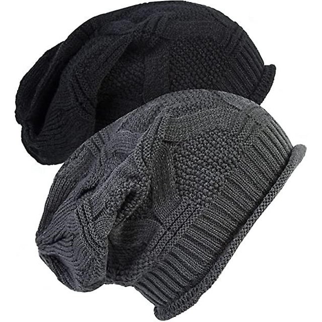 Pack de 2 gorros de invierno de punto suave y holgado en negro y gris oscuro para mujer y hombre