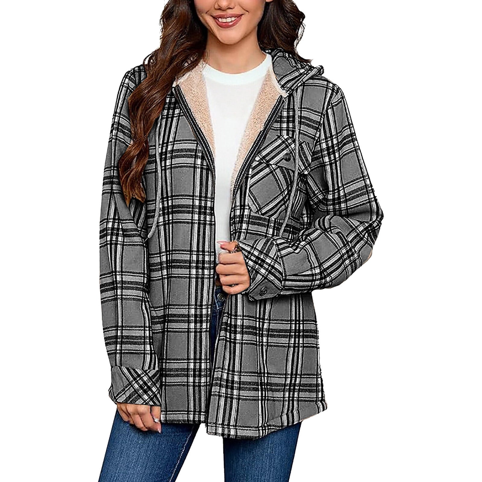 Womens Sherpa Fleece Lined Flannel Jacket Button Down Plaid Lightweight Flannel Shirt Jacket Women