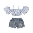 thumbnail image 1 of ZAXARRA Baby Girls Summer Clothes Set Off Shoulder Crop Tops+Ripped Denim Shorts, 1 of 8