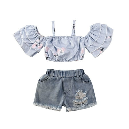 

Tregren Toddler Kids Baby Girl Clothes Ruffle Floral Halter Crop Top Ripped Denim Shorts Pants Outfits Sets
