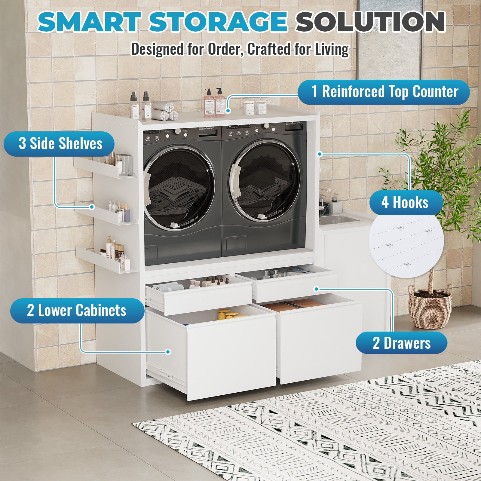 AECOJOY Laundry Pedestal with Sink Cabinet for 2 Washers and Dryers, 1300LBS Heavy Duty Universal Anti-Vibration Stand Base Raiser with Drawers, Hooks & Storage Cabinets,White