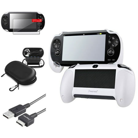 Insten White Hand Grip+Screen Protector+Black EVA Case+USB Cable For Sony PS Vita