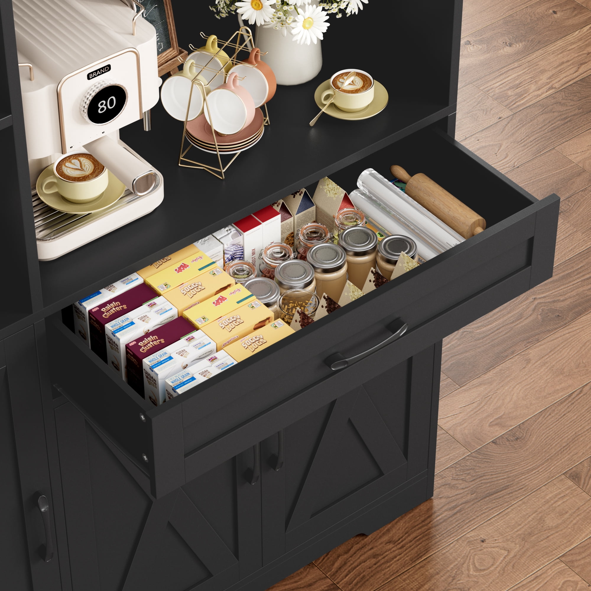 Hiphuta 71"Farmhouse Kitchen Pantry Storage Cabinet, Freestanding Hutch Cabinet with Microwave Stand, Sturdy Pantry Cabinet for Dining Room, Black