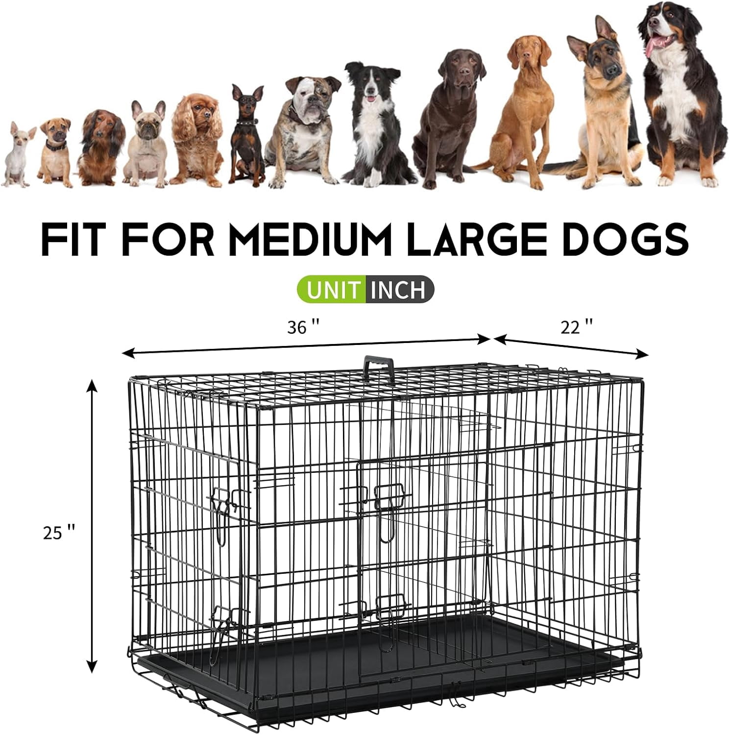 Dkelincs 36 inch Dog Crate for Medium Dogs Portable Foldable Dog Kennel Cage with 2 Doors, Handle, Removable Tray and Divider, Black