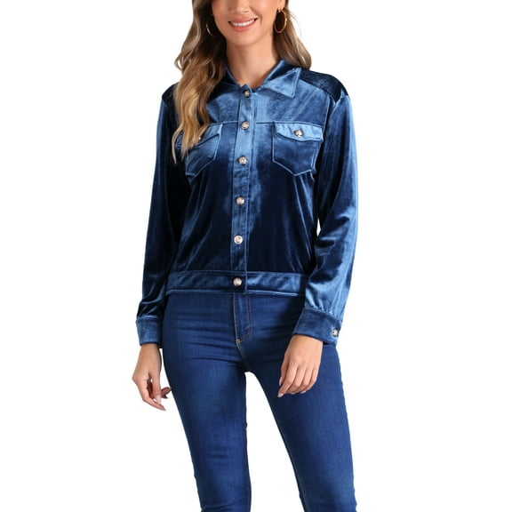 INSPIRE CHIC Women's Velvet Jacket Button Up Long Sleeve Crop Jackets S Navy Blue