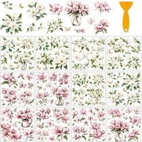 12 Sheets Magnolias Rub on Transfers for Crafts White and Pink Magnolias Rub on Transfer Stickers Vintage Flowers PVC Rub on Decal for DIY Home Furniture Window Wood 14x14cm