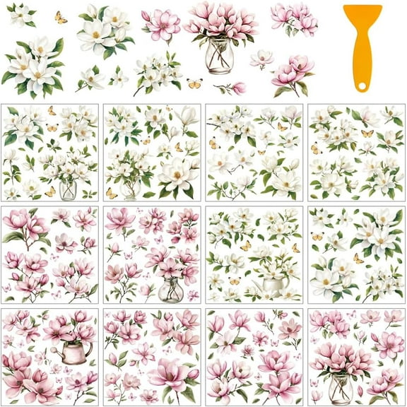 12 Sheets Magnolias Rub on Transfers for Crafts White and Pink Magnolias Rub on Transfer Stickers Vintage Flowers PVC Rub on Decal for DIY Home Furniture Window Wood 14x14cm