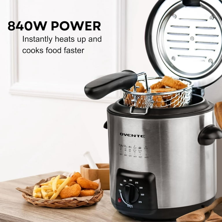 OVENTE Electric Deep Fryer 0.9 Liter Capacity, 840W Power with Locking Lid,  Removable Stainless Steel Frying Basket, Adjustable Temperature Knob, Cool  Touch Handles and Easy to Clean, Silver FDM1091BR 