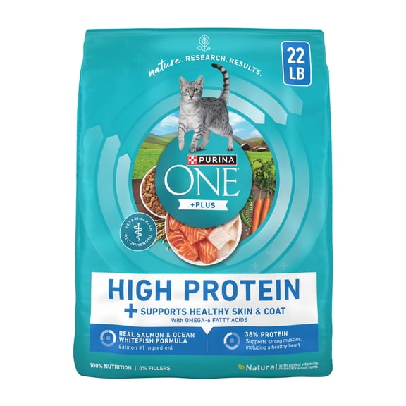 Purina ONE Plus Natural High Protein Dry Cat Food Salmon and Ocean Whitefish Skin and Coat Health Formula, 22 lb Bag
