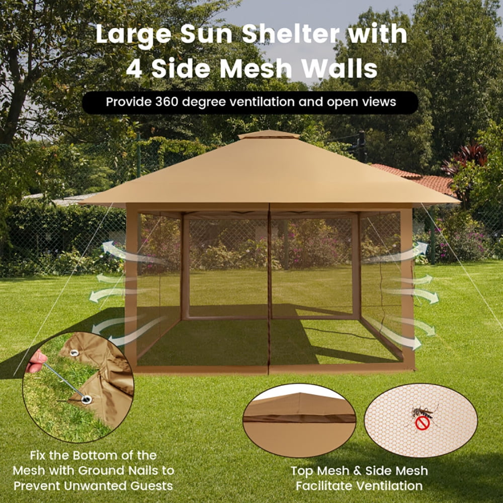 Aimee Lii 13 x 13 Feet Pop-up Instant Canopy Tent with Mesh Sidewall, Backyard Canopy Gazebo for Party Camping BBQ Events, Coffee