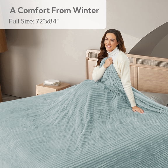SUNNY HEAT Heated Electric Blanket Ribbed Flannel 72"x84" Full Size - 10 Heating Settings & 2/4/6/8/10/12 Hours Auto off, Thick and Warm Washable - Mint Green
