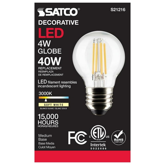 Satco S21216 G16.5 Globe LED Light Bulbs 4W 120V 3000K 90 CRI E26 Medium Base Dimmable (6 Pack)
