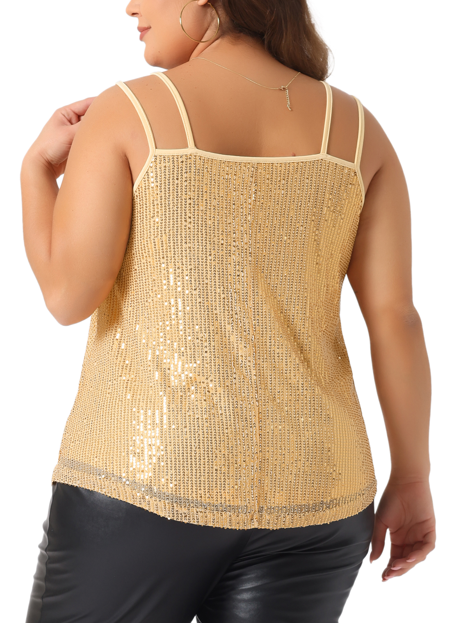 DARING DIVA Women's Plus Sequin Cami Tank Tops with Spaghetti Straps 1X Gold