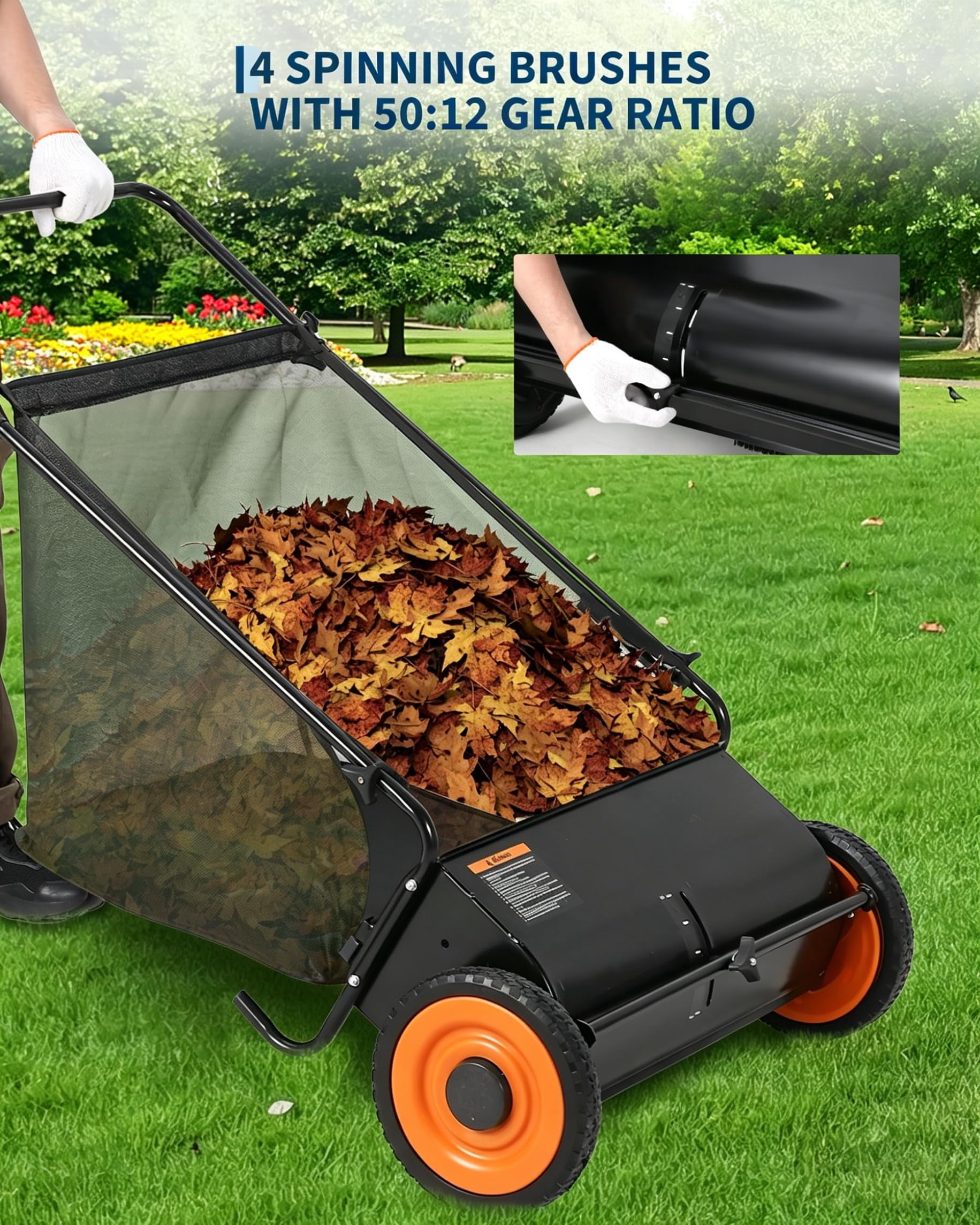 Wisykoke 26 Inch Push Lawn Sweeper with 4 Spinning Brushes, 7 Cu.ft Large Capacity Leaf Collector, Adjustable Height Grass Sweeper, All Terrain Lawn Leaf Debris Removal Tool for Yard Garden Patio