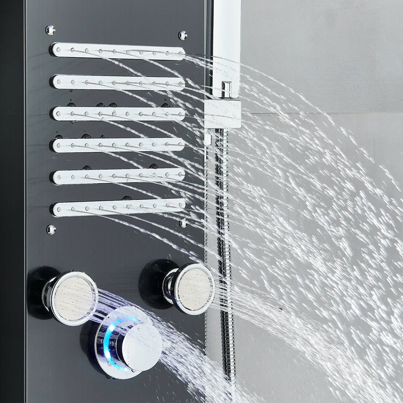 LED Shower Panel Tower System Rain&Waterfall Massage Black Stainless