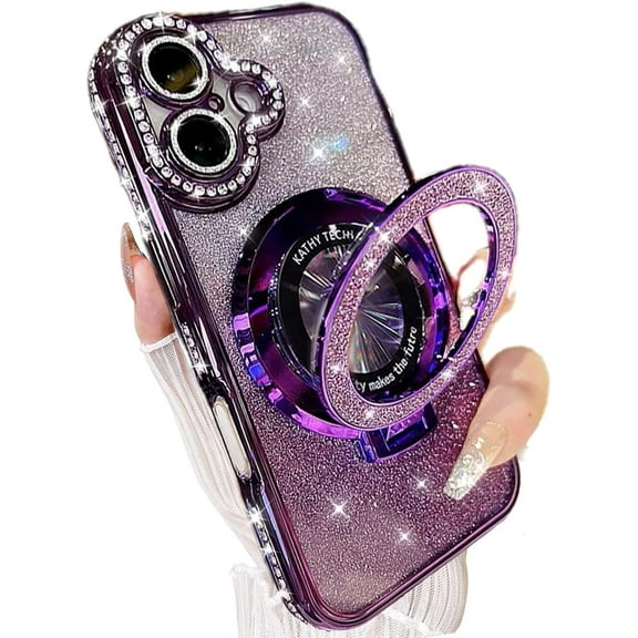 for iPhone 17 Magnetic Kickstand Case, [Compatible with Magsafe] Shockproof Cute Bling Glitter Diamond Rhinestone Ring Holder Camera Protector Soft Cover for Girl Woman for iPhone 17, Purple