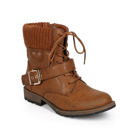 Nature Breeze CI93 Women Leatherette Sweater Knit Collar Buckle Strap Combat Boot
