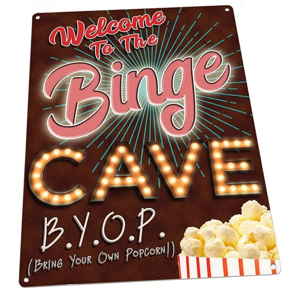 Welcome to the Binge Cave 9"x12" Metal Sign, Wall Decor for Mancave, Den, or Gameroom