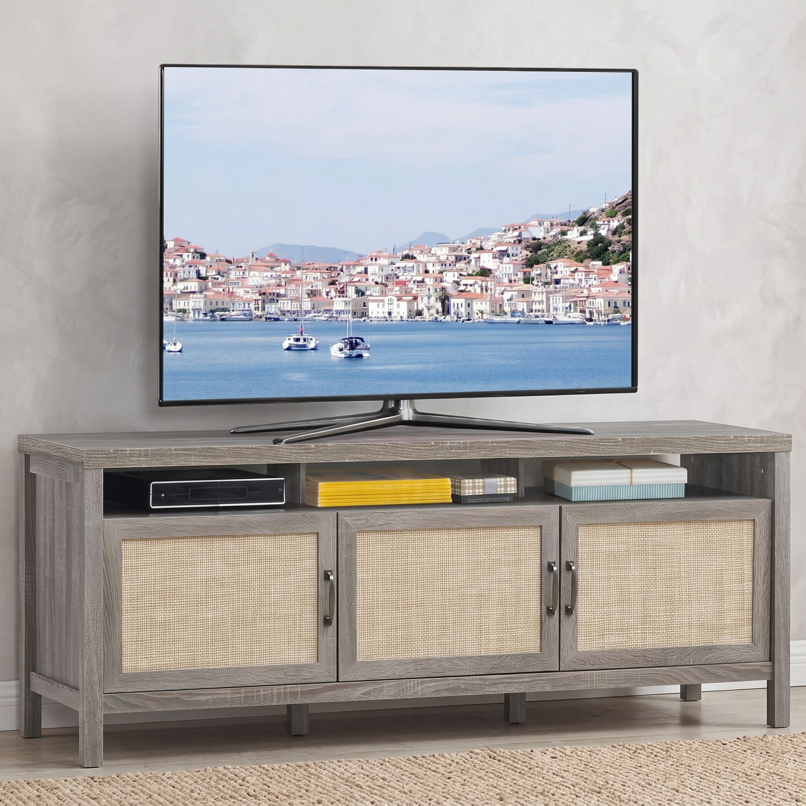 Furnibear Universal TV Stand Entertainment Media Center Console with Rattan Cabinets and Open Shelf for TVs up to 65 Inch, Living Room Bedroom Storage Furniture, Gray