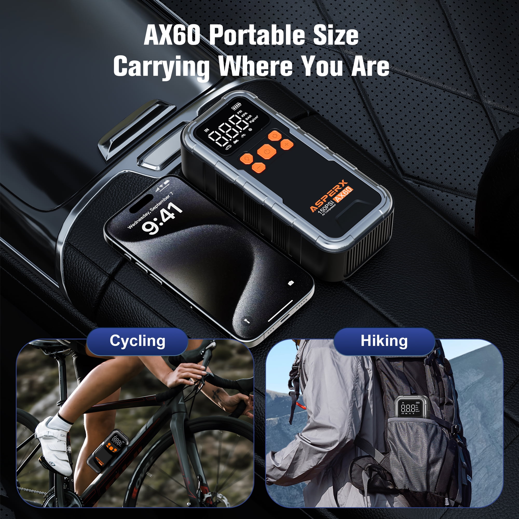 ASPERX Tire Inflator Portable Air Compressor, 150PSI Cordless Air Pump for Car Tires with Digital Gauge & Auto Shut-off – Fast Inflation for Car, Motorcycle, Bike, Ball