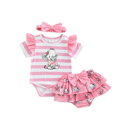 

jaweiw Baby Romper Suit Striped Cartoon Elephant Print Short Sleeve Jumpsuit + Ruffle Shorts + Bow Headband Size 0 6 9 12 18 M