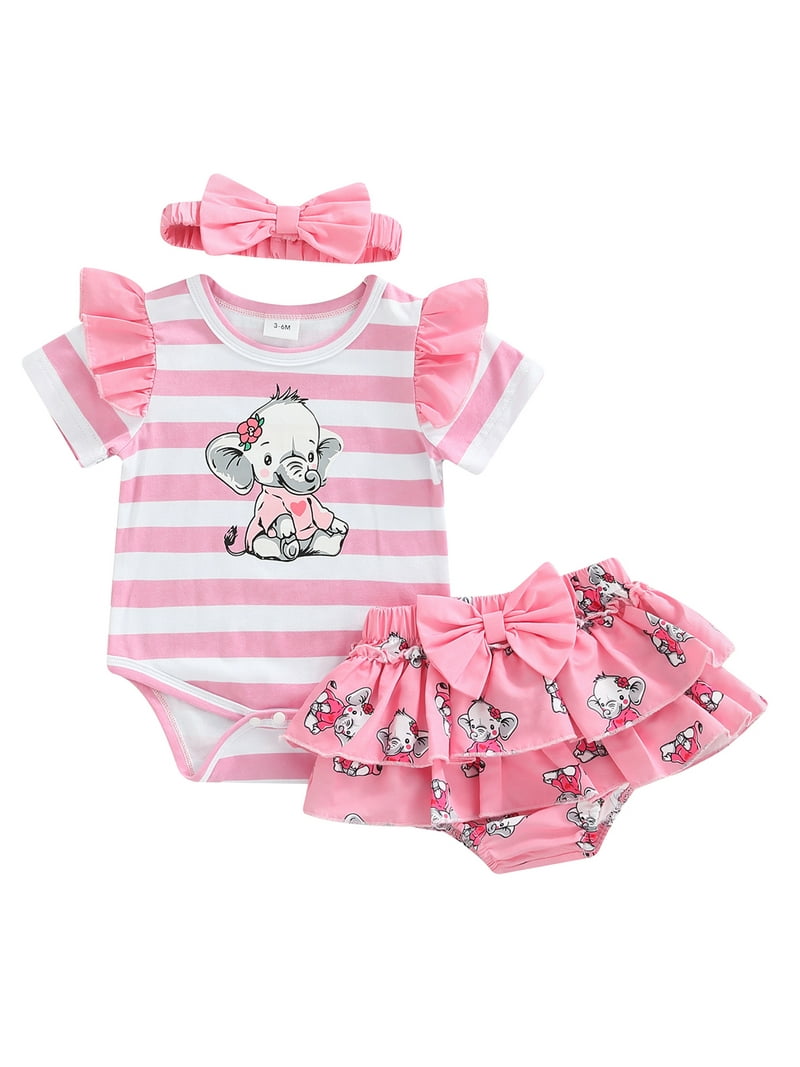 brydning etik farvning TheFound Toddler Infant Baby Girls Summer Clothes Striped Elephant Print  Rompers Ruffle Shorts Headband 3pcs Outfits - Walmart.com