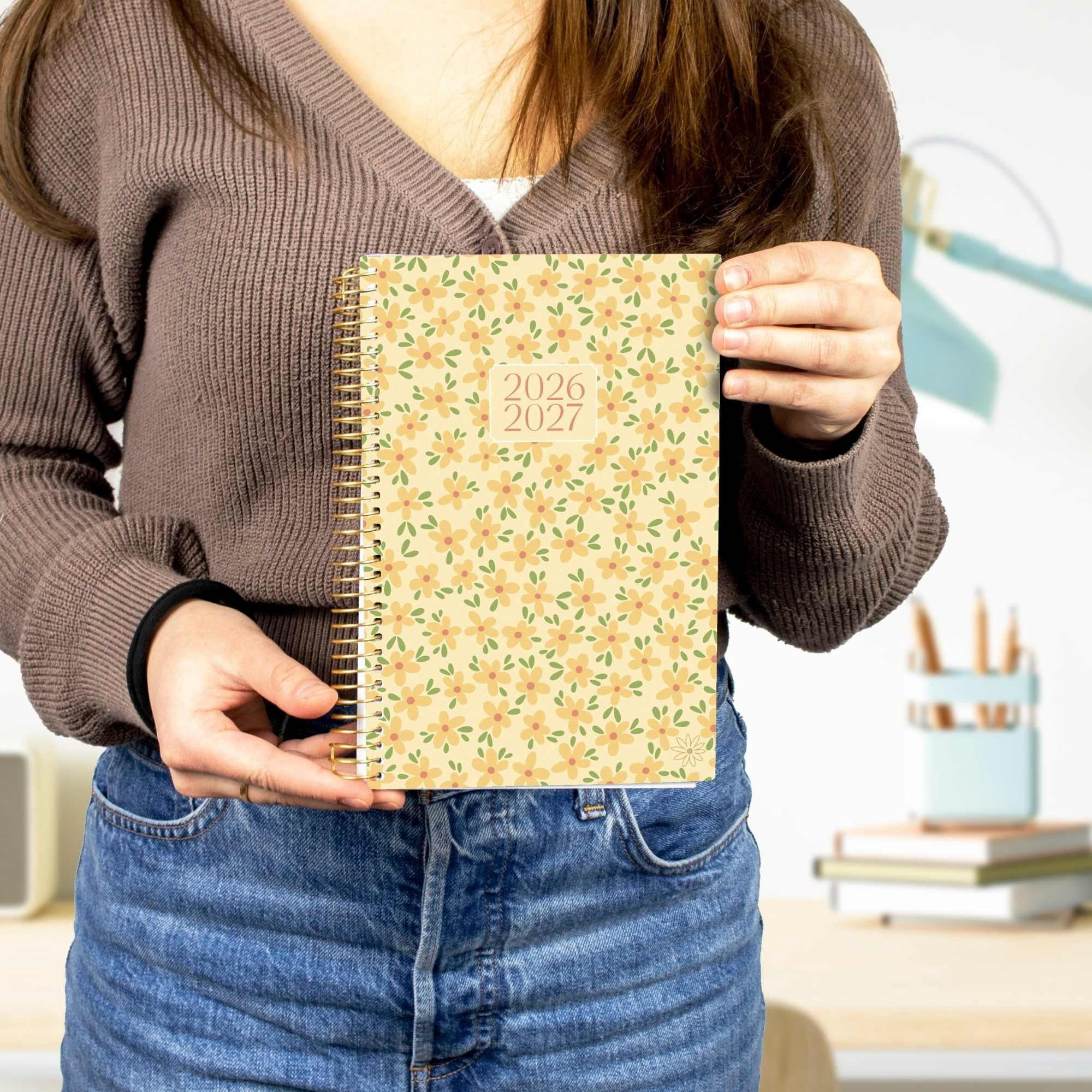 bloom daily planners 2026-2027 Academic Planner, 13 Month Monthly & Weekly Soft Cover, 5.5" x 8.25", Stickers Included, Butter Yellow Daisies
