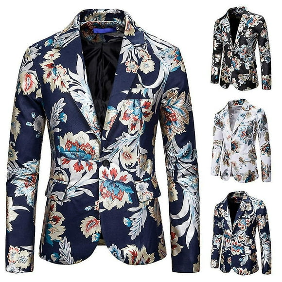 Mens Fashion Floral Print Blazer One Button Prom Suit Jacket
