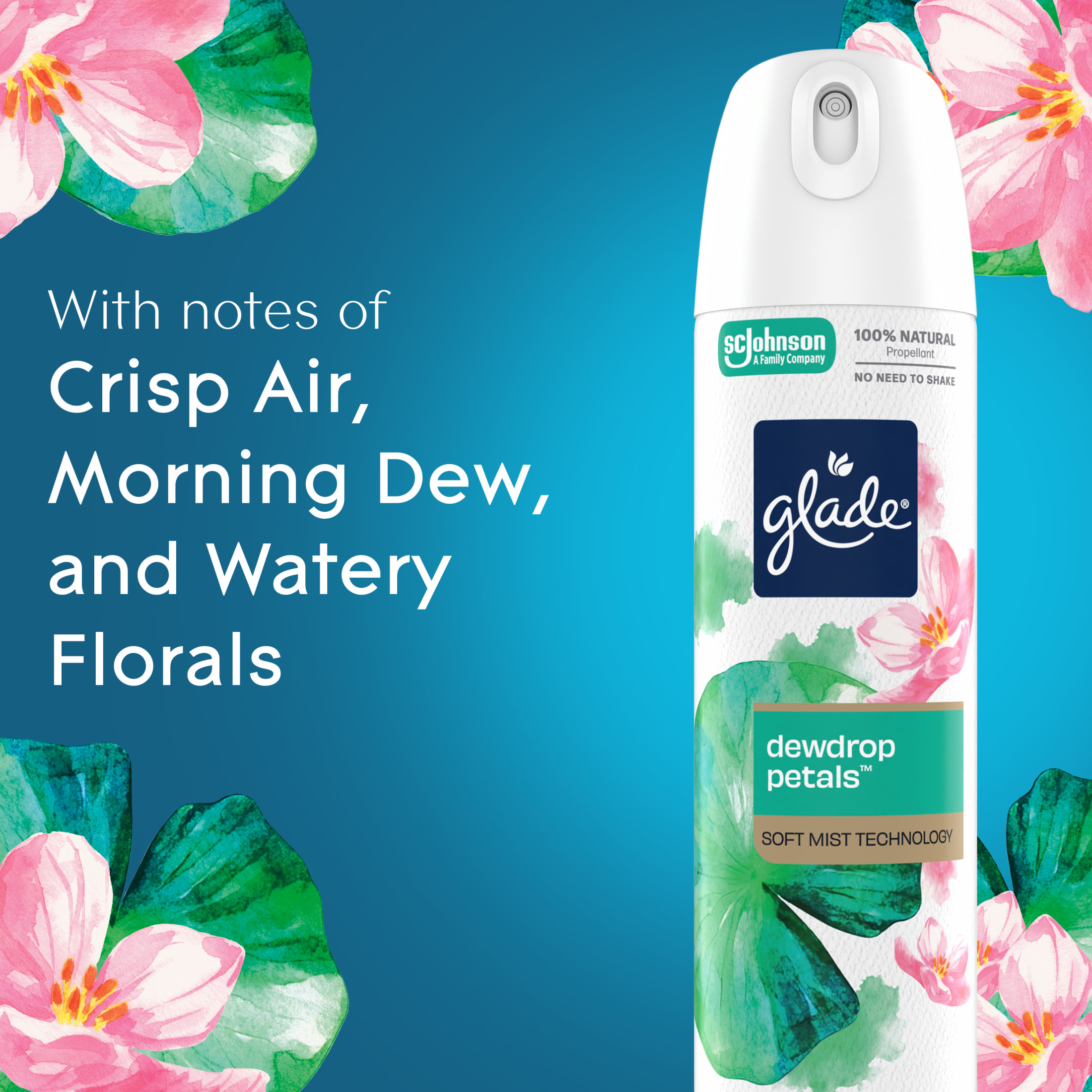 Glade® Soft Mist Odor Fighting Aerosol Air Freshener, Dewdrop Petals, 7.3oz, 1 Count