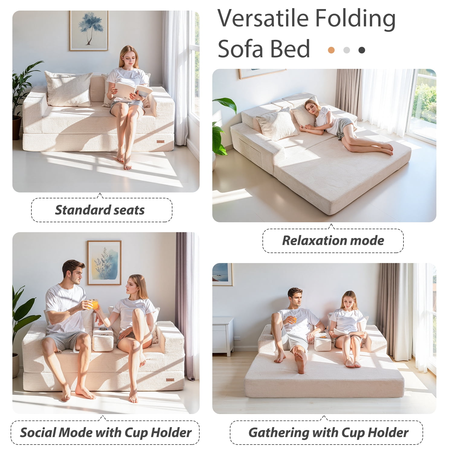 BYBYME Convertible Sofa Bed,Folding Lounger 4-in-1 Boneless Sofa with 2 Pillows and Cup Holder,Floor Sofa for Small Spaces Such as Living Rooms,No Assembly Required,Loveseat,Beige