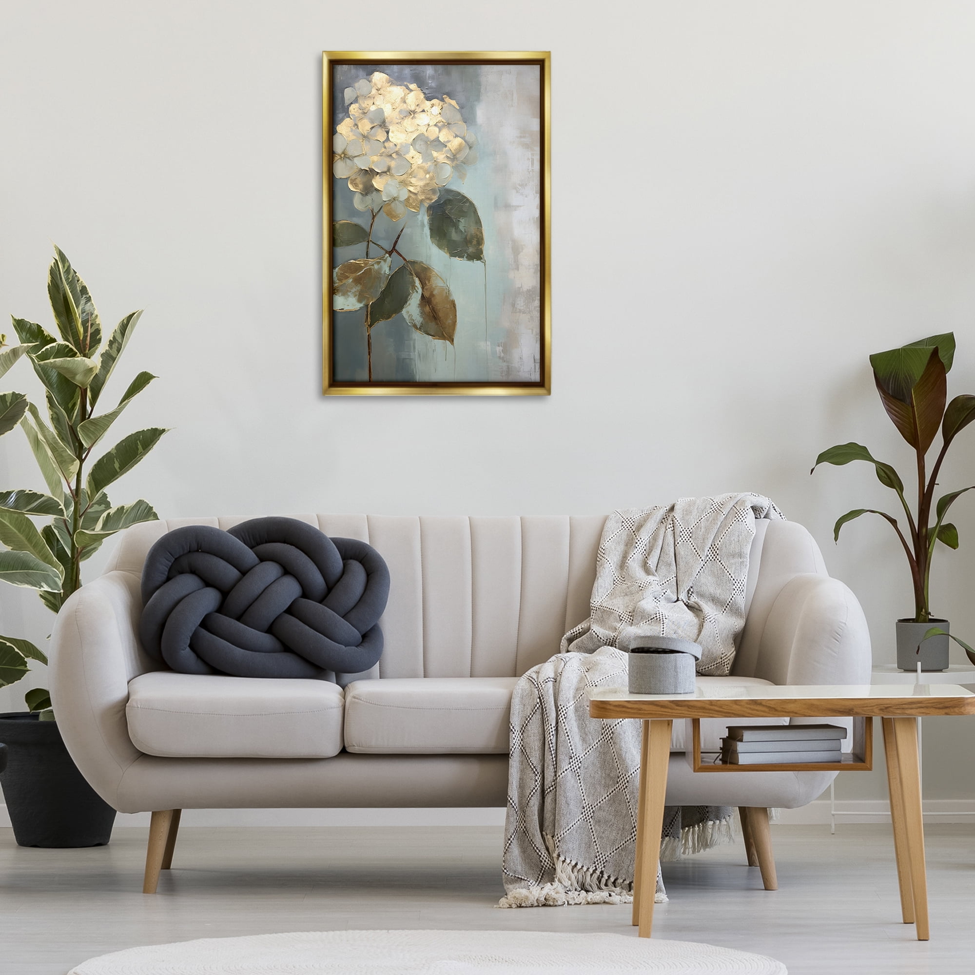 Stupell Industries Distressed Hydrangea Bloom Botanical & Floral Painting Gold Floater Framed Art Print Wall Art, 21 x 31