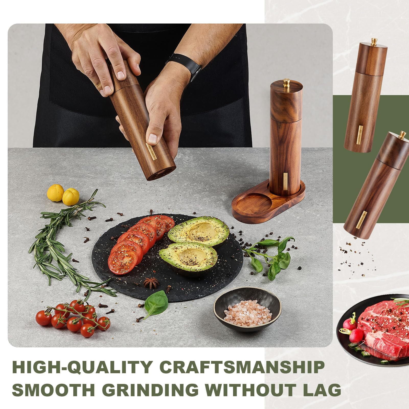 Wooden Salt and Pepper Grinder Set, 8 Inch Manual Salt and Pepper Mill with Tray Adjustable Coarseness Refillable Wood Grinders with Gold Bottle Label for Kitchen Home Gift