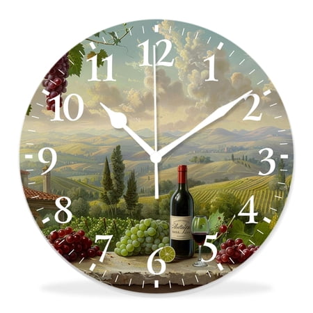 14 Inch Wall Clock Battery Operated Silent Clock Decorative for Office, Kitchen, Outdoor, Living Room,Wine Italy Landscape Rural Vineyard Beautiful