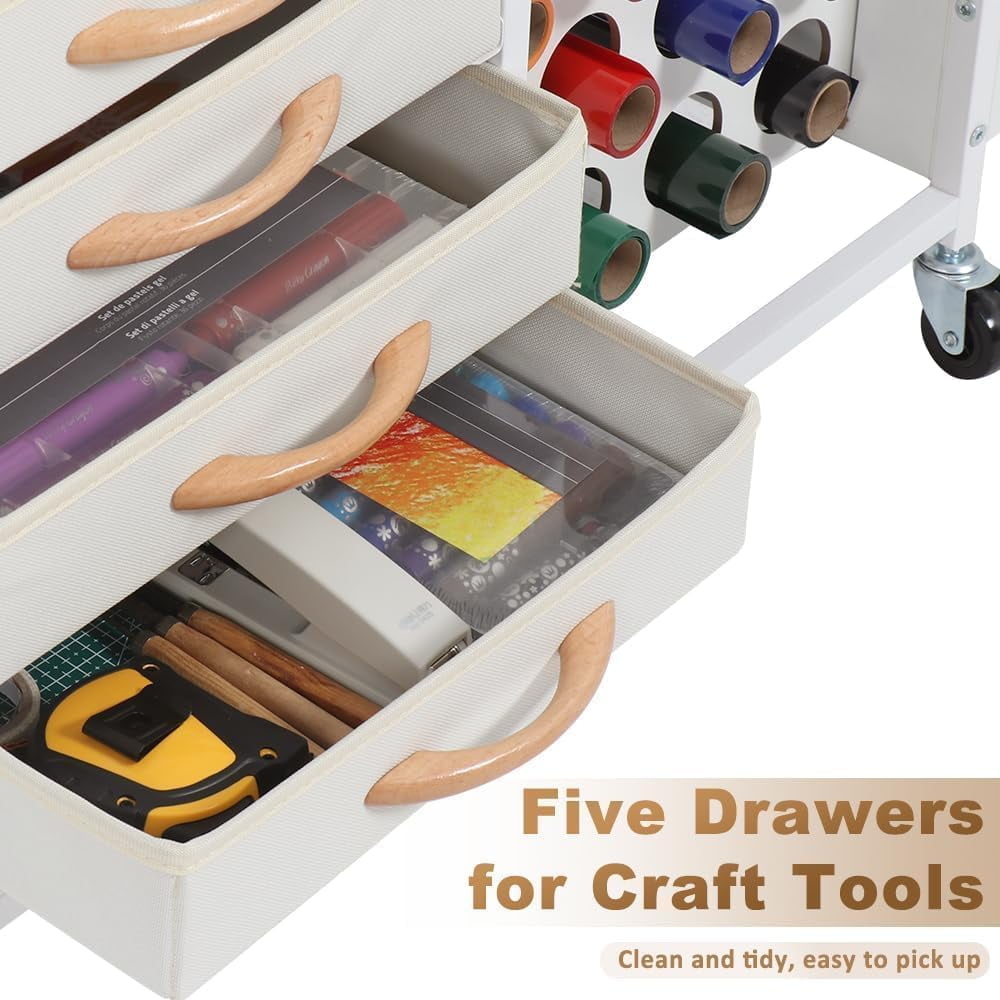LUCKUP Organization and Storage Craft Table for Cricut Machines, Rolling Cart Cabinet with 28 Vinyl Roll Holders and 5 Drawers