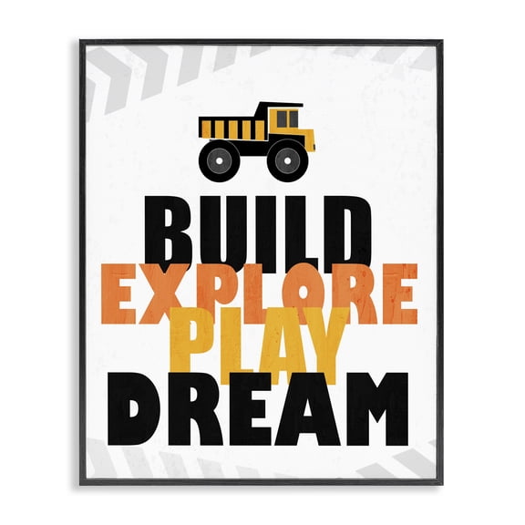 Build Explore Play Dream Black Framed Giclee Art, design by Kim Allen