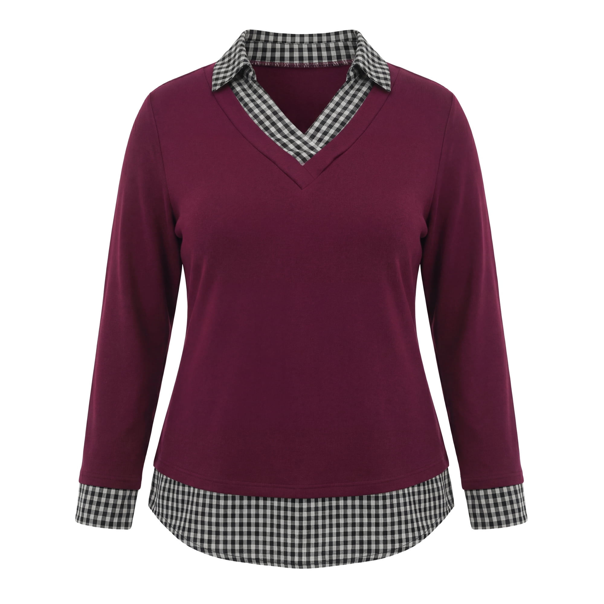 DARING DIVA Women's Plus Collared Plaid Contrast Patchwork Long 3X Burgundy