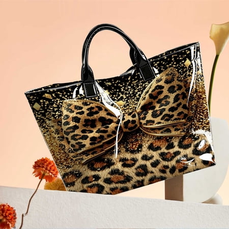 Leopard Print Gold Glitter Large Bow Faux Patent Leather Tote Handbag| for Women Shopping Commute Travel Daily Use| Fashion Handbag for Vacation Birthday Weekend Outing