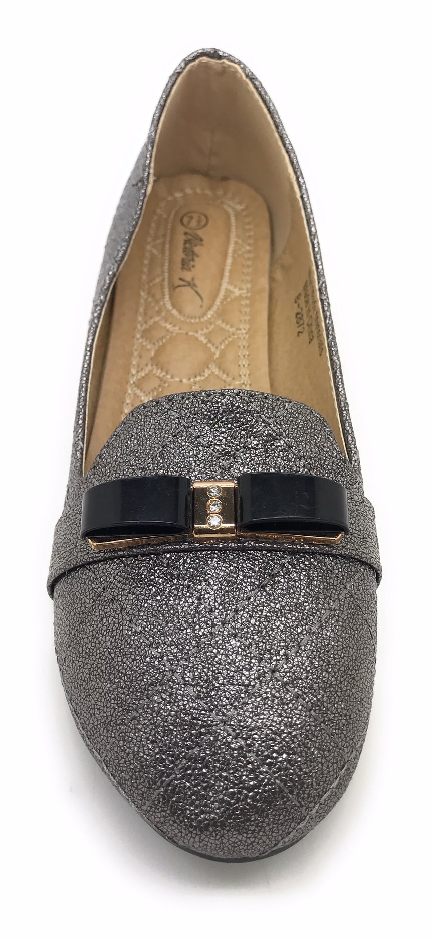 Victoria K Techno Shine Quilted Texture Black Bow Ballerina Flats (Women)
