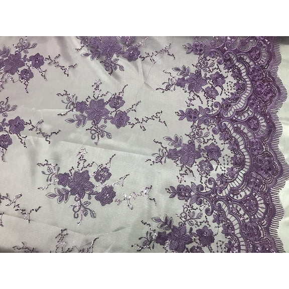 Decorative Silk Inc Sequin lace Fabric with embroderies on mesh VT-011 (1 Yard, Lilac)
