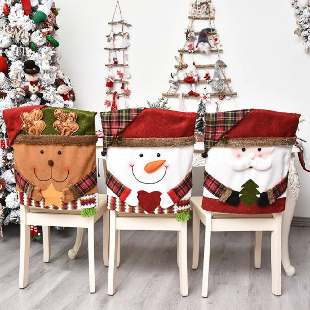 Christmas Santa Claus Cartoon Chair Covers Elk Snowman Stool Covers Plush Gnome Chair Back