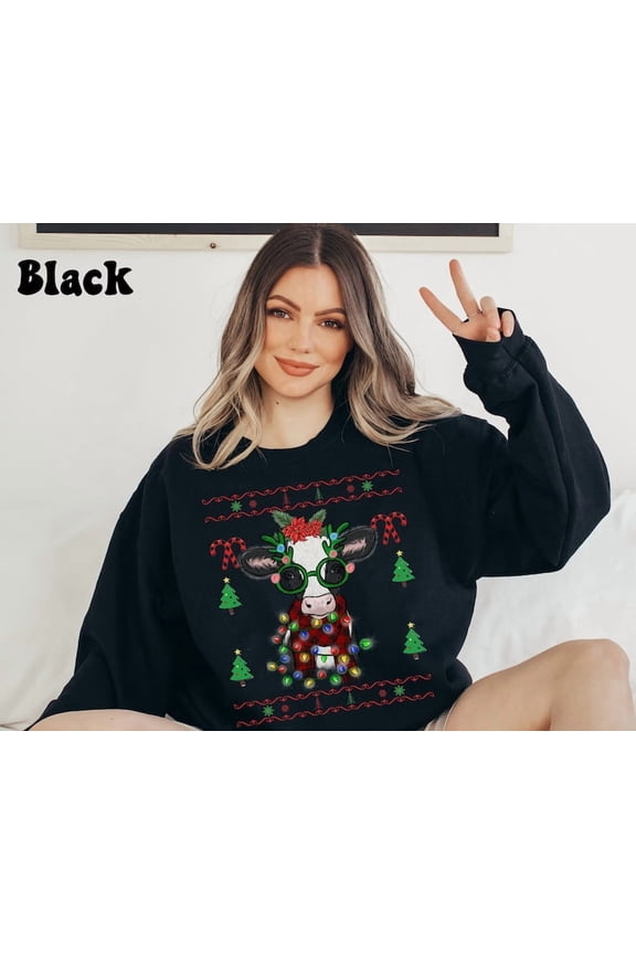 Cow Holiday Sweater, Cow Christmas Lights Christmas Sweater, Funny Christmas Sweatshirt, Cow Lover Xmas Gift Farm, Xmas Sweater