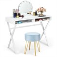 thumbnail image 1 of Gymax Vanity Table Set Table de Maquillage de Bureau w/Round Velours Pouf Bleu, 1 of 10