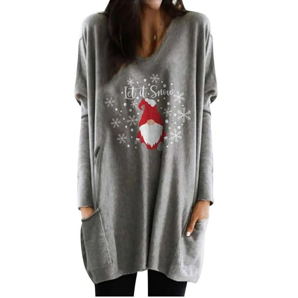 Blusa holgada de manga larga con bolsillo y estampado navideño para mujer con cuello redondo y empalme Pompotops gfhjh11004
