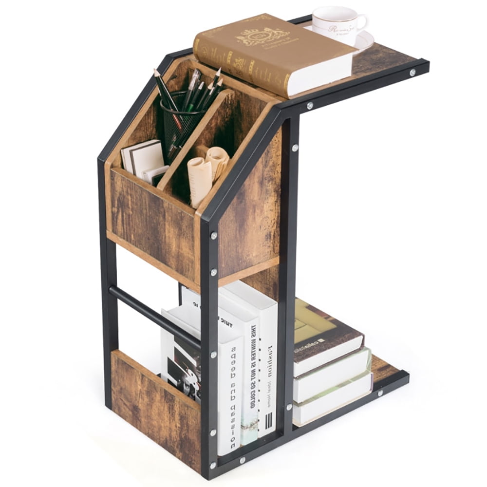 Finihen End Table, Industrial C-Shape Snack End Table with Storage Space, Sofa Side Table, Bed Side Table, for Living Room, Bedroom, Brown Finihen End Table, Industrial C-Shape Snack End Table with Storage Space, Sofa Side Table, Bed Side Table, for Living Room, Bedroom, Brown