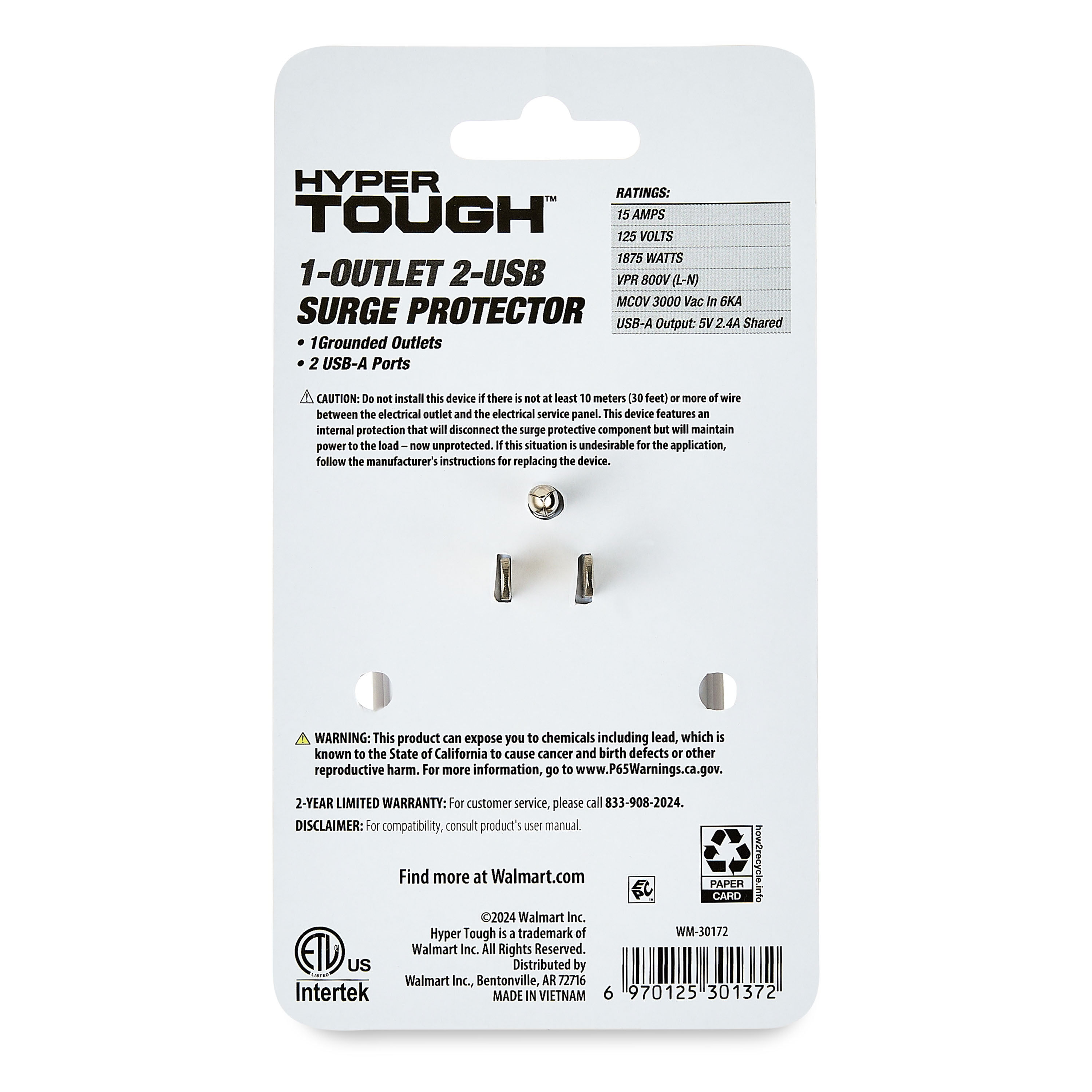 Hyper Tough USB Outlet Extender & Surge Protector, 1 Outlet Splitter with 2 USB-A Ports, White