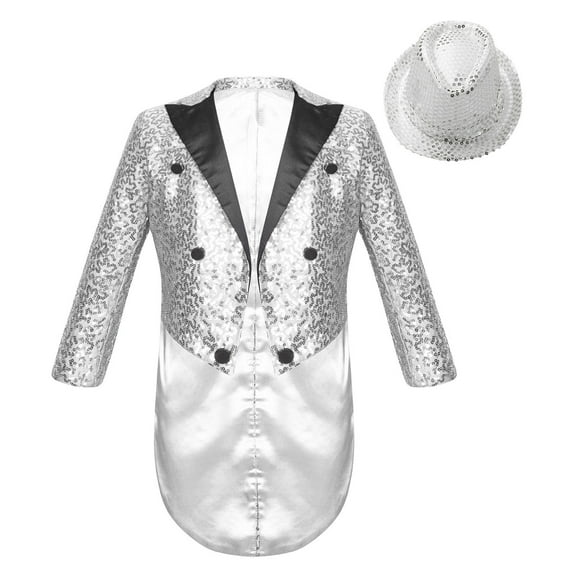 YONGHS Kids Boys Gentleman Tuxedos Blazer Suit Sparkly Sequin Long Sleeve Lapel Jacket with Hat Silver 14